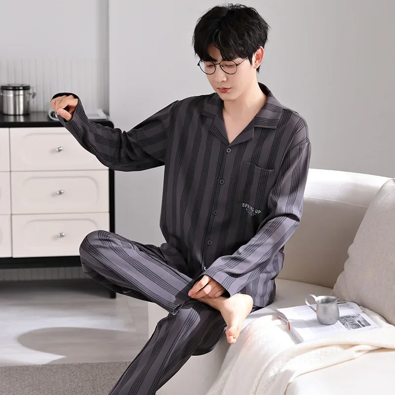 

Men's Cotton Pajamas Set L-4XL Spring Long-sleeved Lapel Thin Sleepwear 2 PCS Autumn Male Loose Cardigan Plus Size Homewear Set