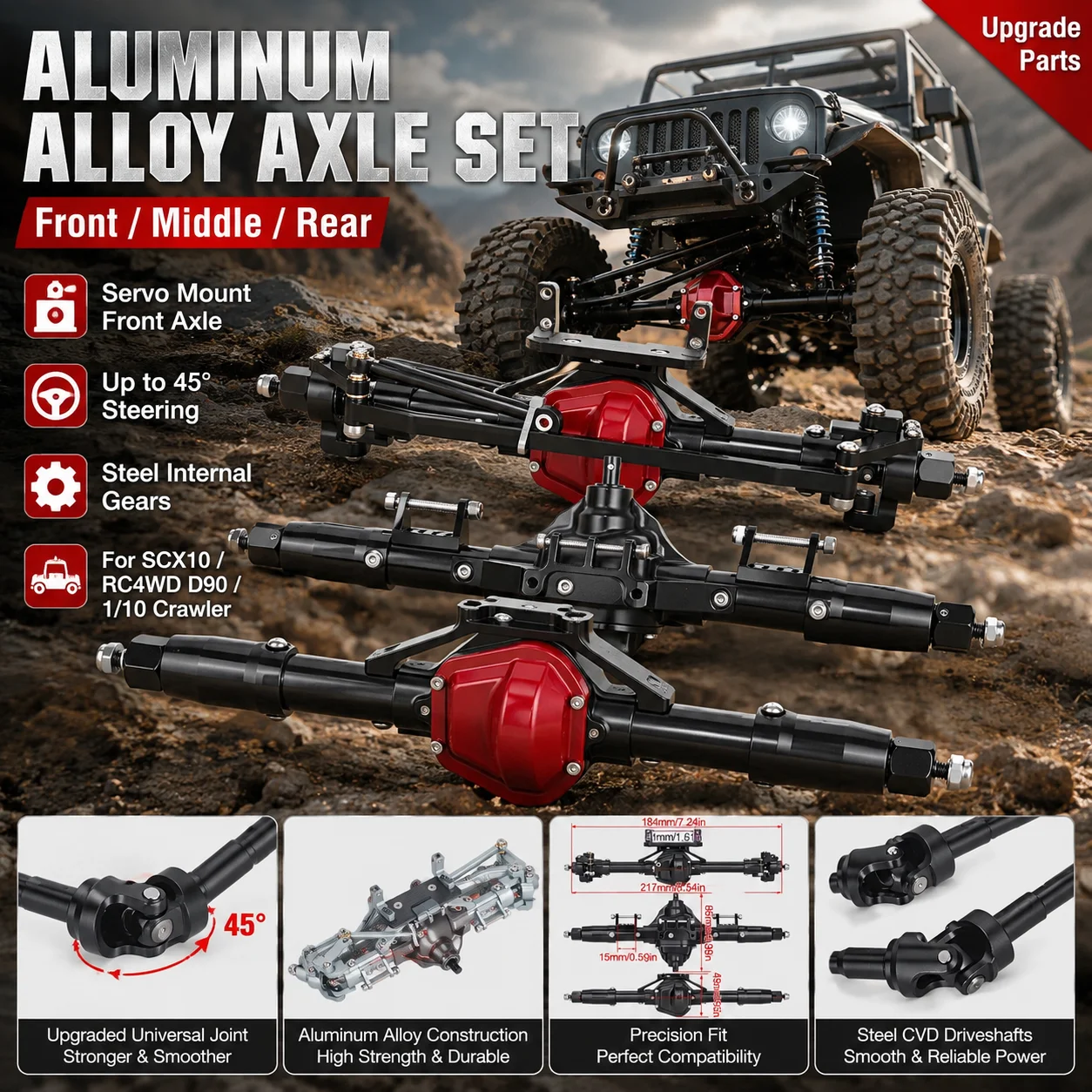 1/10 RC Crawler Car Front Middle Rear Aluminum Straight Axle with Servo Base for Axial SCX10 RC4WD D90 1:10 RC Car Upgrade Part