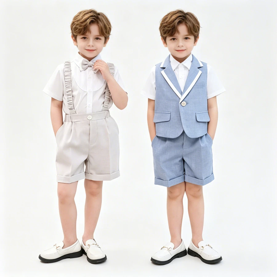 

Boys Summer Formal Suit Kids Gentleman Outfit for Wedding Ring Bearer Birthday Party Toddler Shirt Vest Suspender Shorts Bowtie