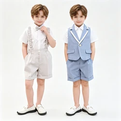 Boys Summer Formal Suit Kids Gentleman Outfit for Wedding Ring Bearer Birthday Party Toddler Shirt Vest Suspender Shorts Bowtie
