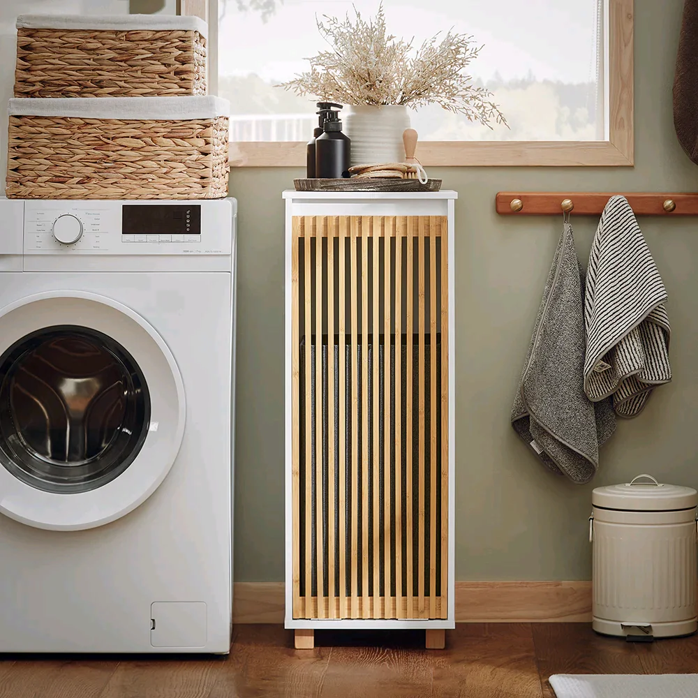 ！@Combohome White Bathroom Laundry Cabinet with Basket Tilt-Out Laundry Hamper Bathroom Storage Cabinet Unit with Shelf