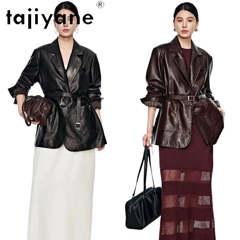 TAJIYANE 100% Goatskin Leather Jackets Women Fashion Belted Suit Coats 2026 Spring Genuine Leather Jacket Woman Clothes дубленка