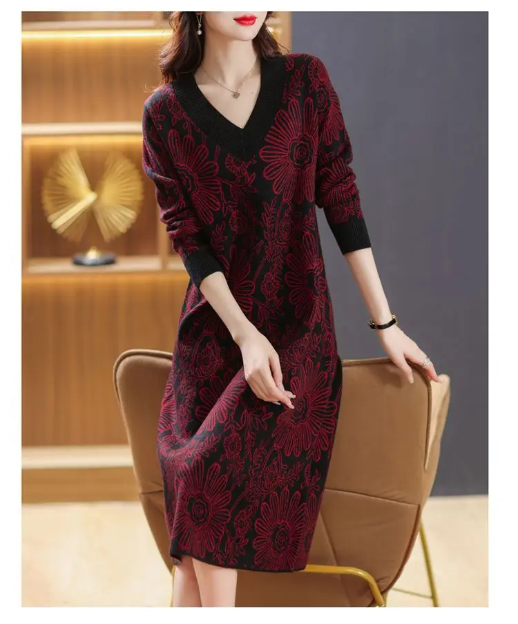 여성용 빈티지 프린트 브이넥 긴팔 니트 캐주얼 드레스 중간 길이 가을 겨울 드레스