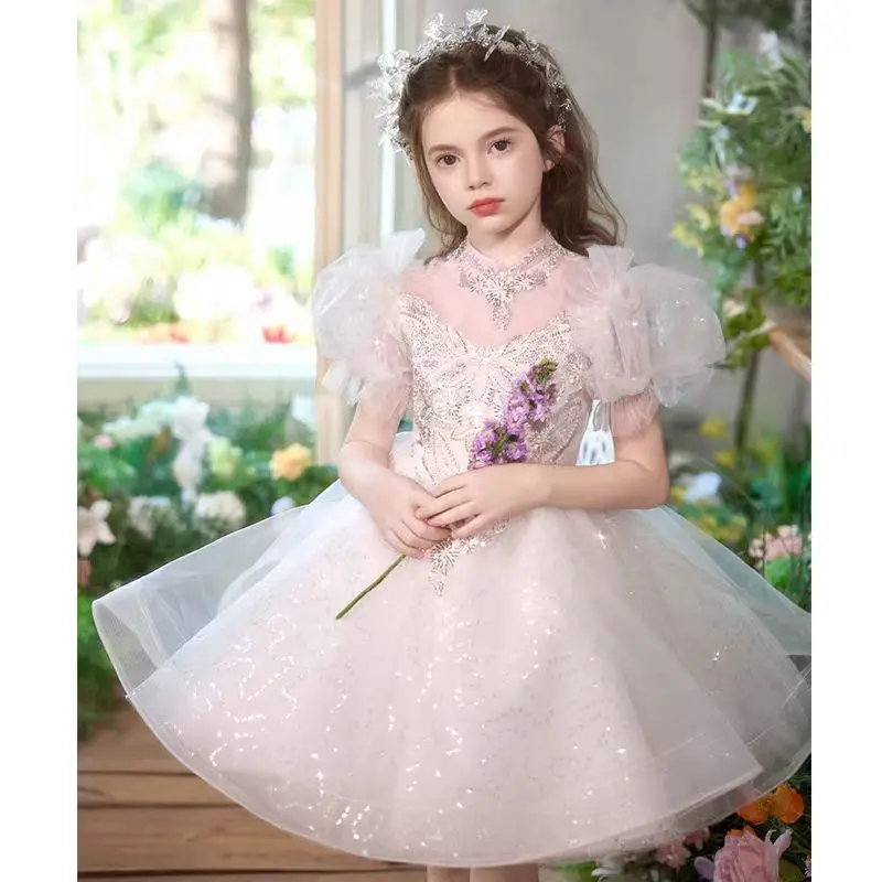 

Jill Wish Elegant Crystal White Flower Girl Dress Puffy Sleeve Princess Wedding Birthday Party Ball Gown vestidos de novia J514