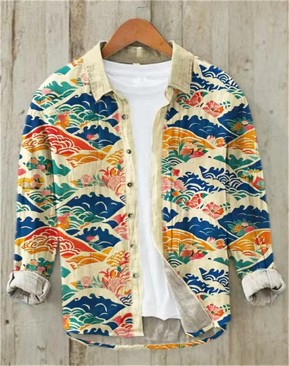 Men's long-sleeved shirt linen shirt retro print a group of small fish shirt casual loose high-quality men's clothing