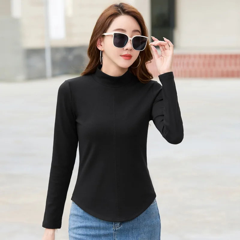 #0528 Long Sleeve T Shirt Women Autumn Winter Turtleneck T Shirt Female Solid Color Warm Thick Skinny Short T-shirt Solid Color