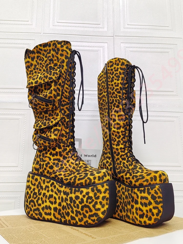 Platform Leopard Print Pocket Punk Boots 2025 Autumn New Round Wedge Heel Lace-Up Stage Boot Fashion Party Boots 34-50 Long Boot