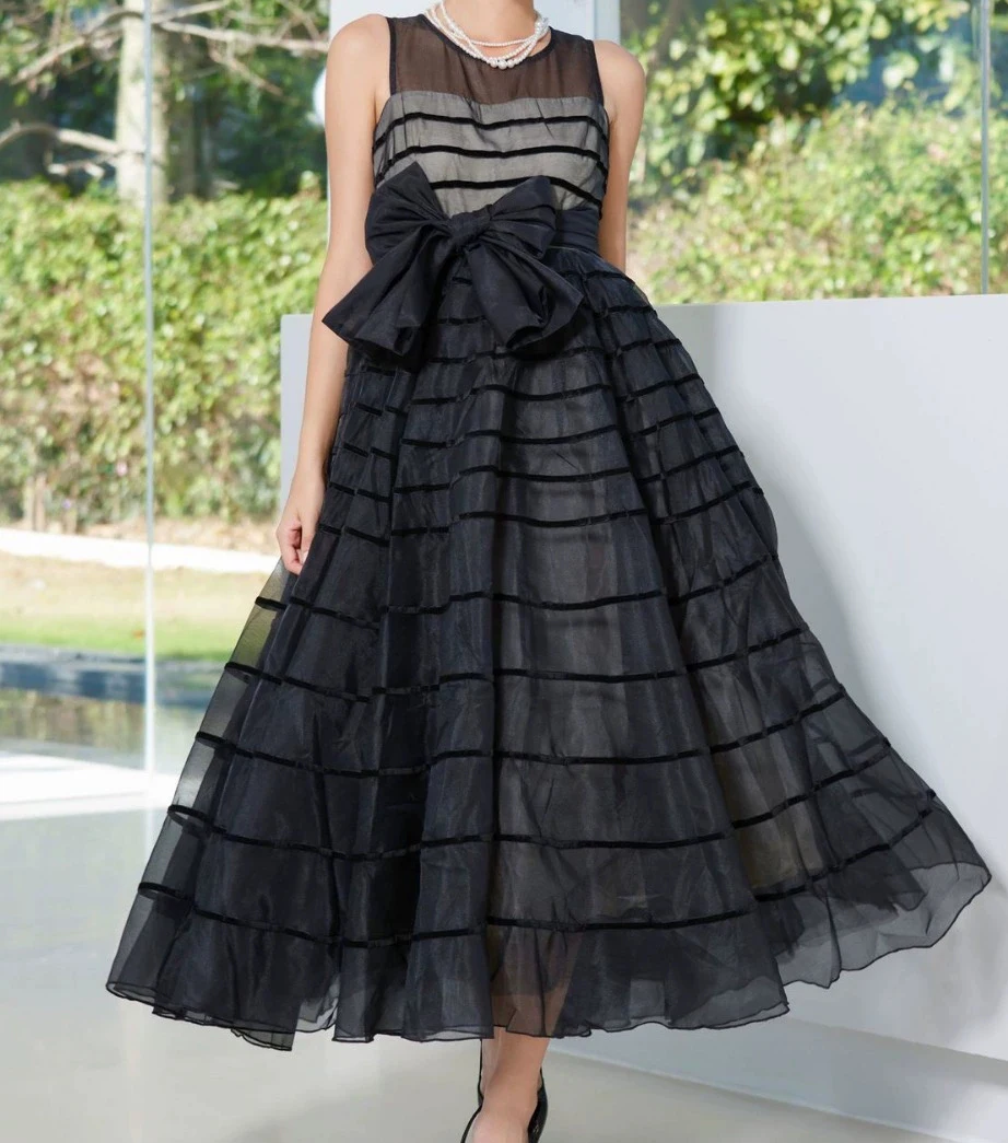 

Middle Eastern sleeveless dress new long slim fit medium-length mesh skirt bow skirt-GZXX508