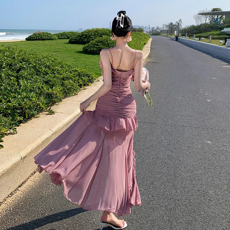 Pink Rose Strap Dress Women, Summer Waist-Cinching Ruched Irregular Slit Long Dress, Elegant Dress