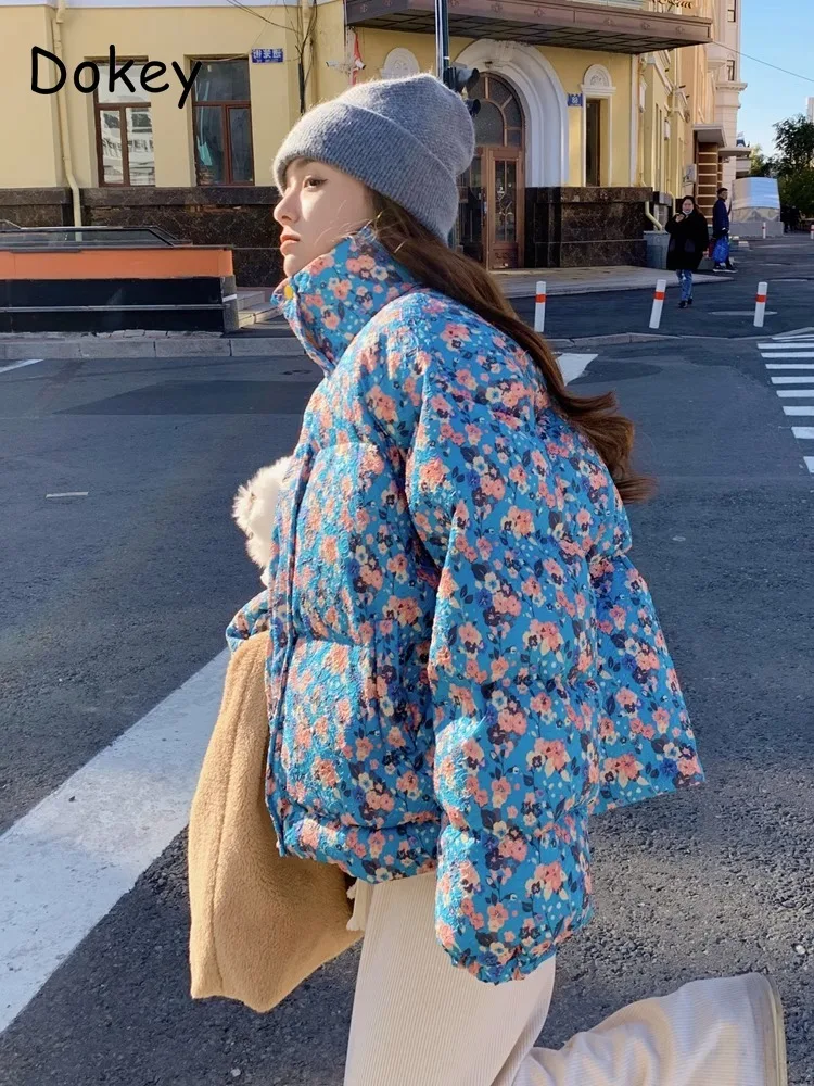 Vintage Flower Print Crop Cotton Jacket For Women Casual Stand Collar Loose Parka Outwear Street Thicken Warm Padded Coat Mujer