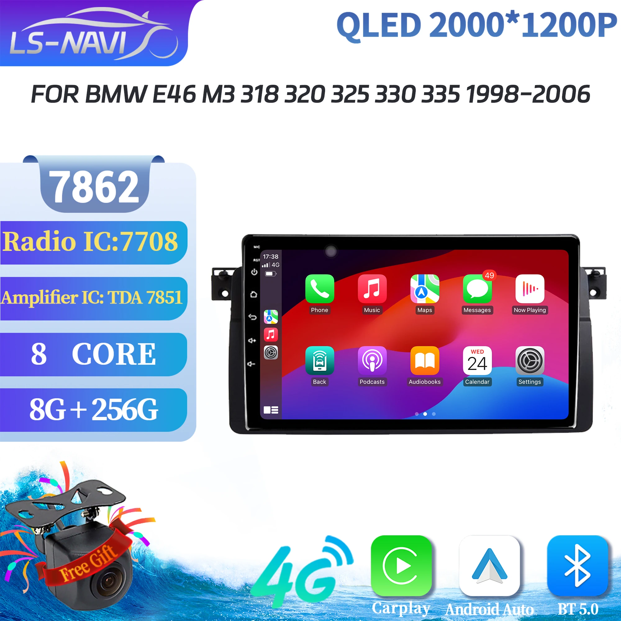 

Android 14 CarPlay Android Auto Radio For BMW E46 M3 318 320 325 330 335 1998-2006 Multimedia GPS 7862S 8G 256G 2K QLED Screen