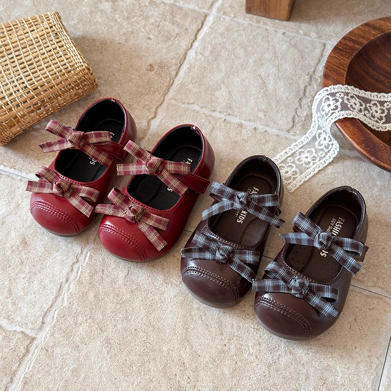 Autumn Girl'S Leather Shoes Plaid Bowtie Fashion Kids Flats For Toddler Pure Color Soft Sole Shallow Children Maey Janes 21-30