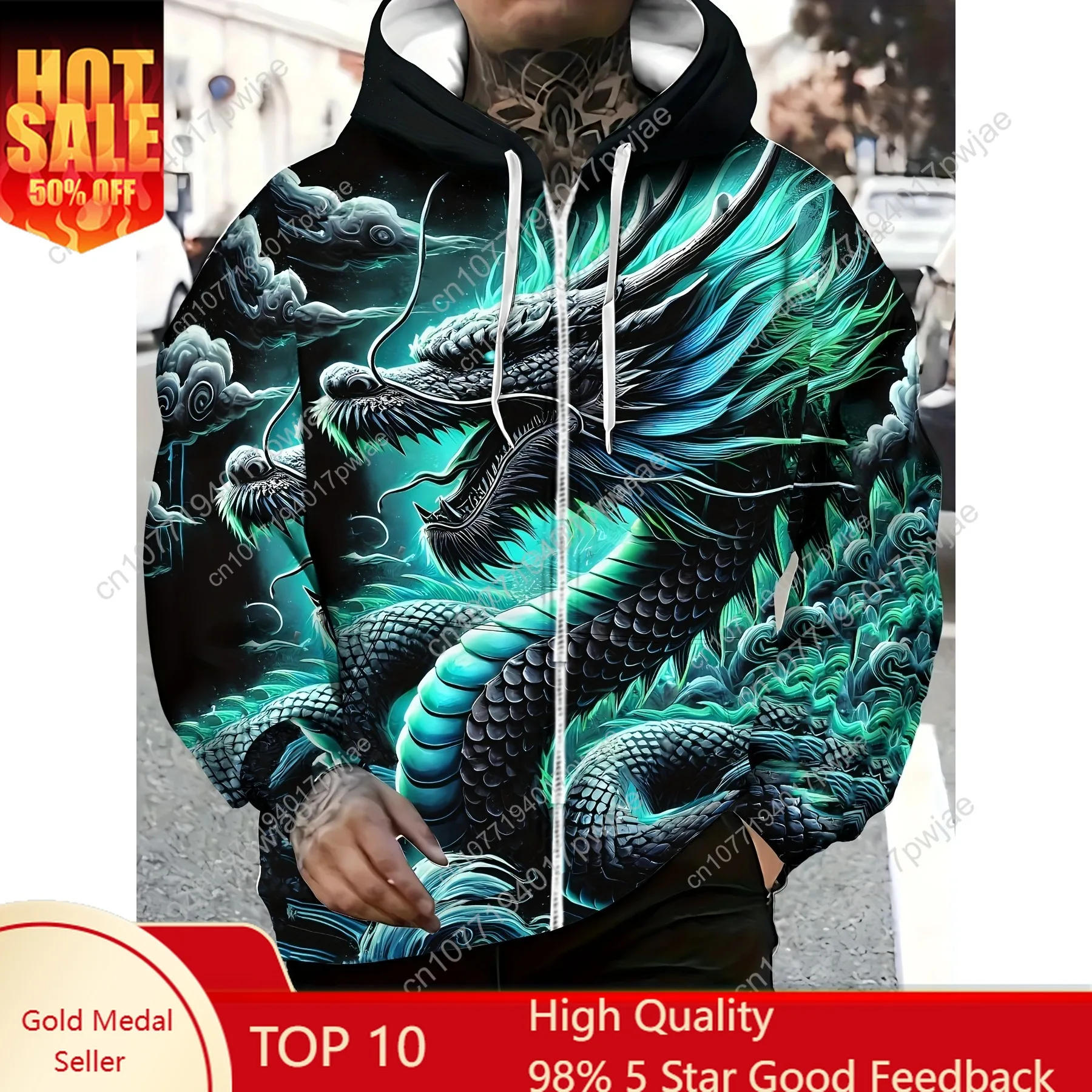 Мужская толстовка на молнии с длинными рукавами и рисунком синего дракона, осенне-зимняя повседневная уличная куртка с завязками и карманами,