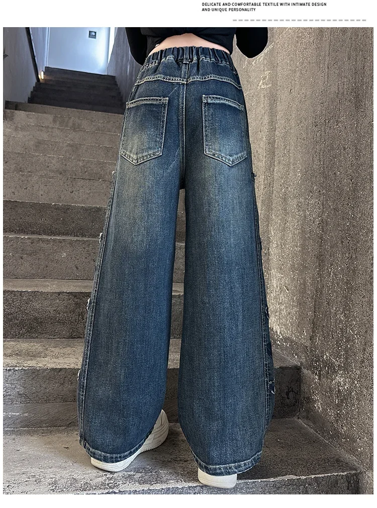 ZOETOPKID Herbst Teenager Mädchen Herz Jeans Mode Retro Weites Bein Gerade Denim Hosen Kinder Casual Streetwear Jeans Hosen – Detail 6