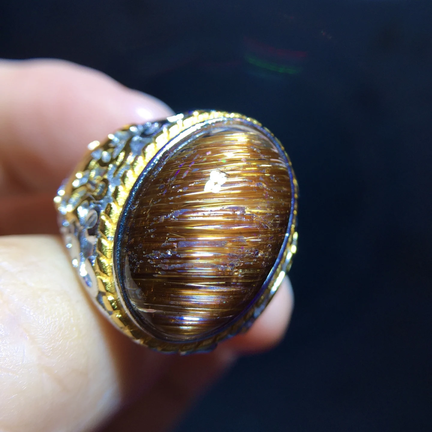 Natural Copper Rutilated Quartz Adjustable Ring 18.3/11.2mm Men Cat Eye Oval Women 925 Silver Yellow Rutilated Beads AAAAAA