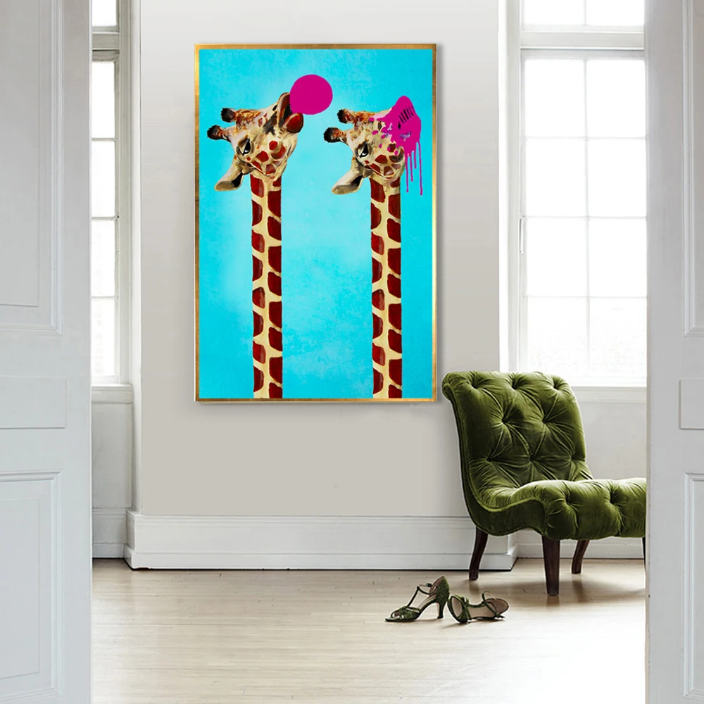 Birthday Party Decorations Painting for Kids Room Handmade Funny Animals Giraffe Oil Painting Giraffe Heads are Blowing Balloons