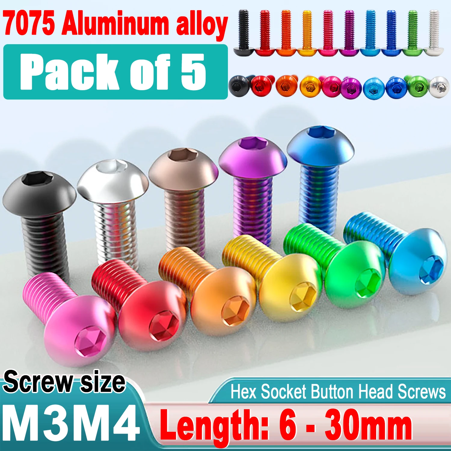 5pcs 7075 Aluminum Button Head Screw M3 M4x6/8/10/12//14/16//18/20/25/30 ISO7380 Colourful Aluminum Hex Socket Round Head Screw