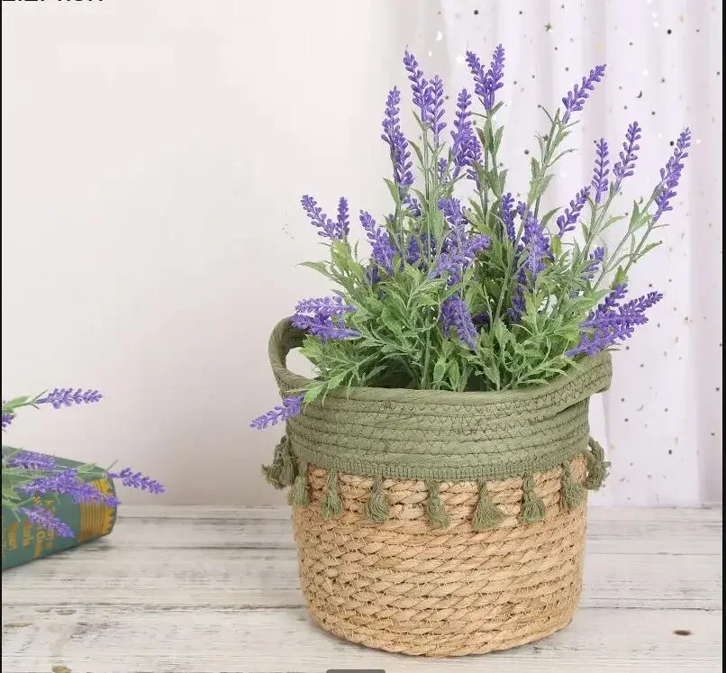 Straw Flower Pot Hand-woven Basket Binaural Storage Floor Flowerpot Rattan Tassel Plant Dirty Clothes Hamper