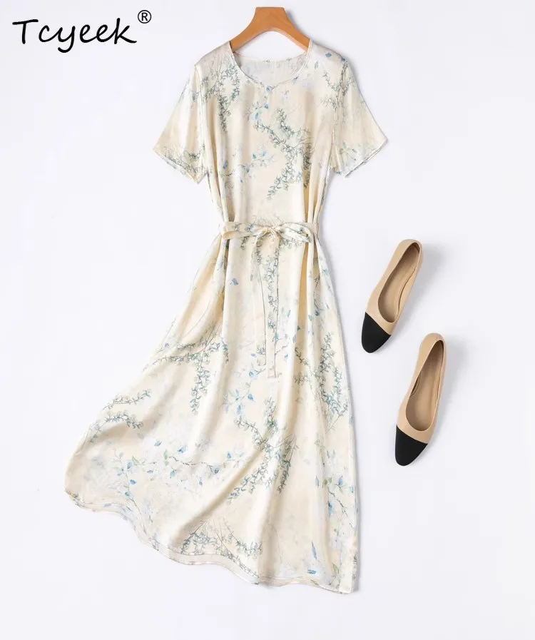 Tcyeek Women's 100% Mulberry Silk Dress,Plain Satin Printing Straight O-neck Loose Short Sleeved Summer Chemise Dress D55624JF