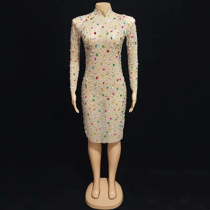 

Multi-color Rhinestone Long Dress Fashion Mesh Crystals Birthday Prom Evening Party Celebration Transparent Outfit Show Clubwear