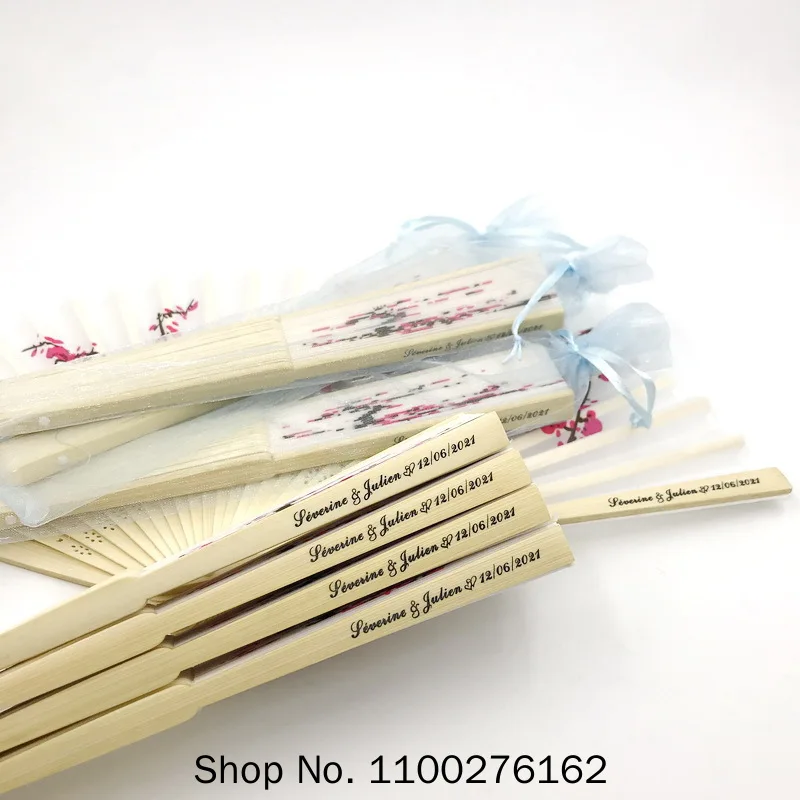 

50pcs Personalized Engraved Hand Fan Wedding Fold Fan Customized Wedding Party Gift Decor Favors Organza Bag