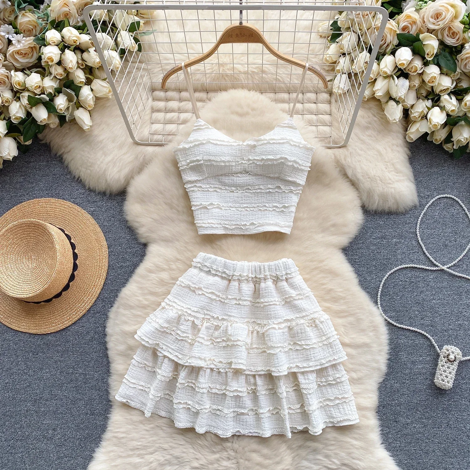 Women V-Neck Sweet Ruched Two Pieces Sets Strap Crop Tops+Short Pleated Skirt Women Korean Style Chic Summer Beachwear Suits