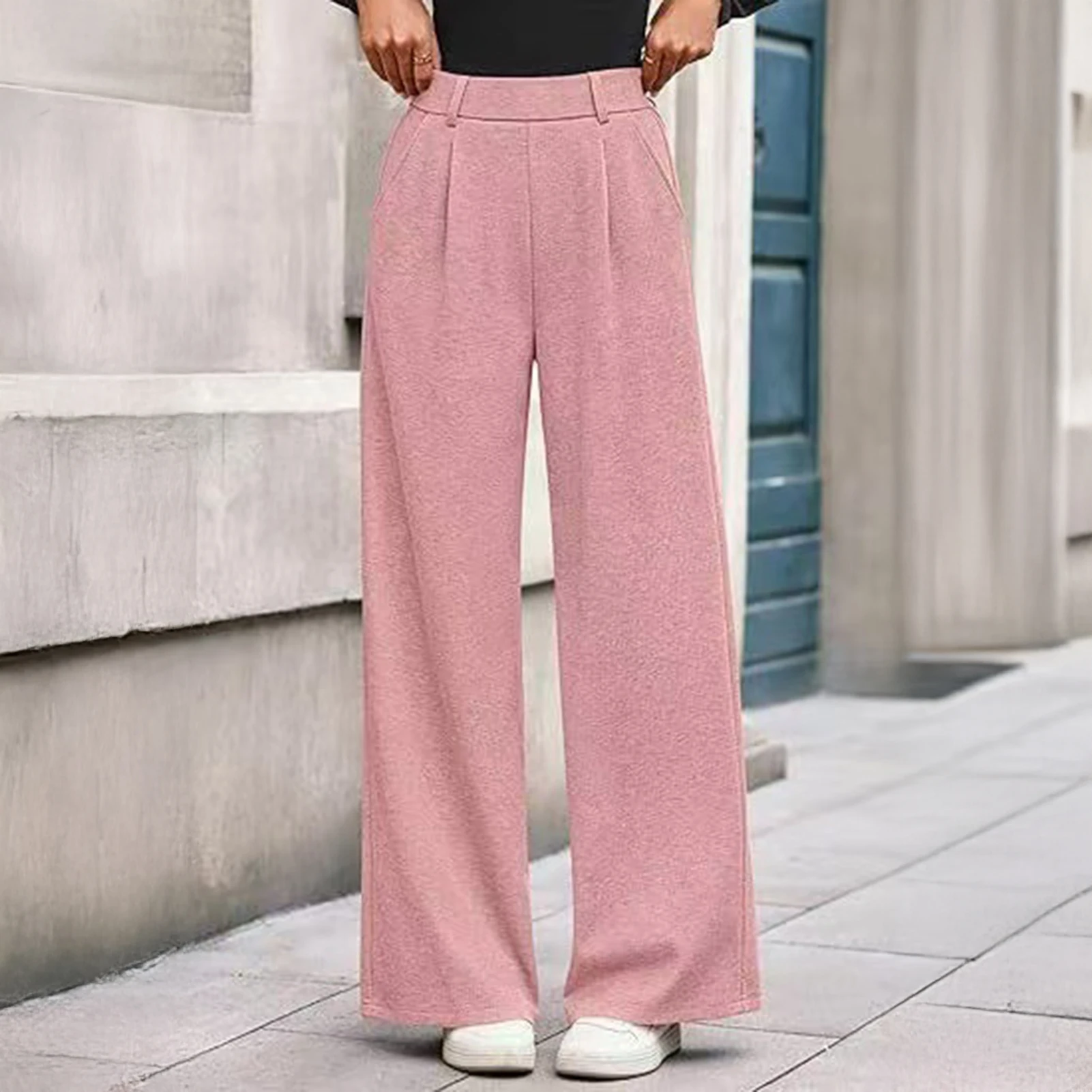 High-waist Dress Pants Stylish Women\'s High Waist Wide Leg Pants with Pockets for Casual Beach Streetwear Fashion Wide-leg Pants