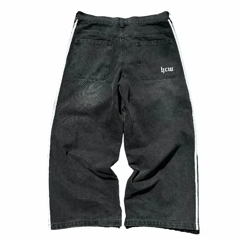 Calça jeans larga listrada preta masculina, calça jeans de perna larga, streetwear hip hop, gótica, bordada, retrô, rua alta, harajuku, Y2K