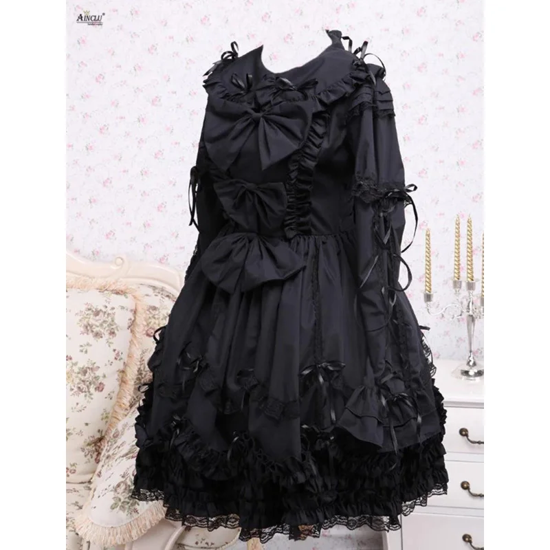 Lente/Herfst Middellange Jurk Ainclu XS-XXL Womens Party Zwarte Lange Mouwen Kraag Strikken Katoen Gothic Lolita Jurk