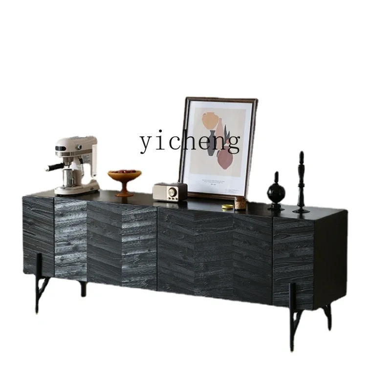 ZC Black TV Cabinet Vintage Fishbone Pattern Locker Modern High Leg Audiovisual Cabinet Side Cabinet