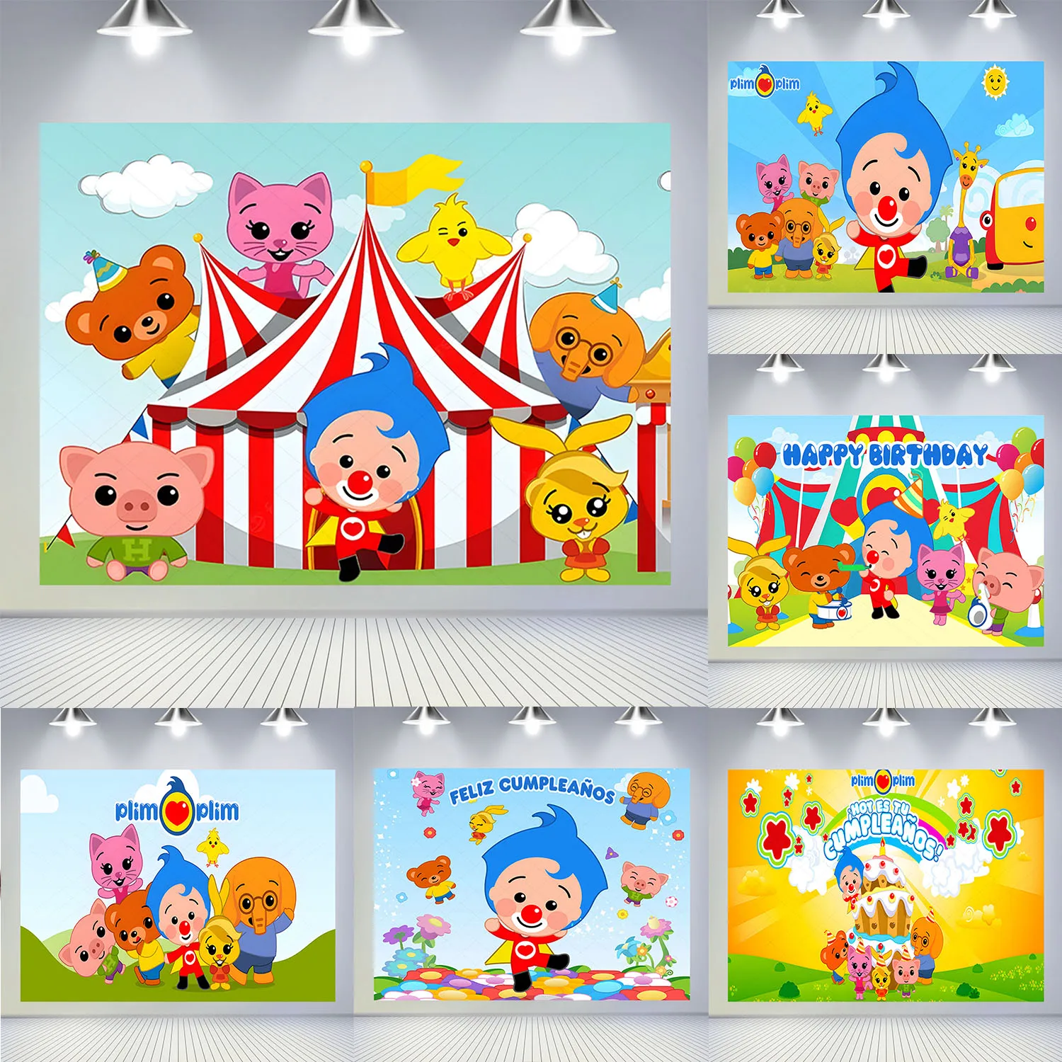 

Cute Plim Plim Backdrop Kids Birthday Party Photography Banner Cartoon Pig Bear Photo Background Rainbow Vinyl Decorate Props