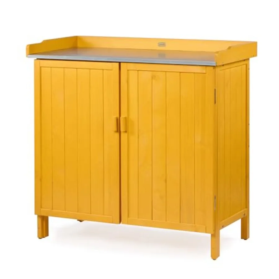 Outdoor Storage Cabinet with Potting Bench and Metal Tabletop, Wooden Planting Workstation for Garden Patio, Weatherproof