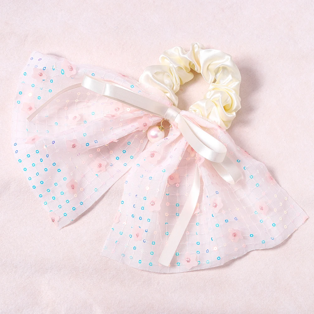 

Sweet Sequin Pearl Bow Scrunchie Temperament Mesh Double Lace Girl Hair Accessories Large Bowel Hair Rope High Ponytail Headwear