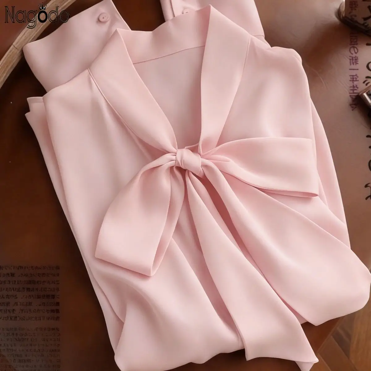 

Nagodo Summer Satin Long Sleeve Blouse Stand Collar Solid Commute Shirt Button Bow Office Lady Tops 2026 Womens Clothes