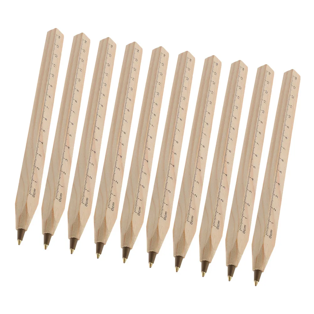 

10Pcs Wooden Ballpoint Pen with Built-in Ruler School Supplies Office Stationery Aesthetic Creative Journaling Pen Pocket Size