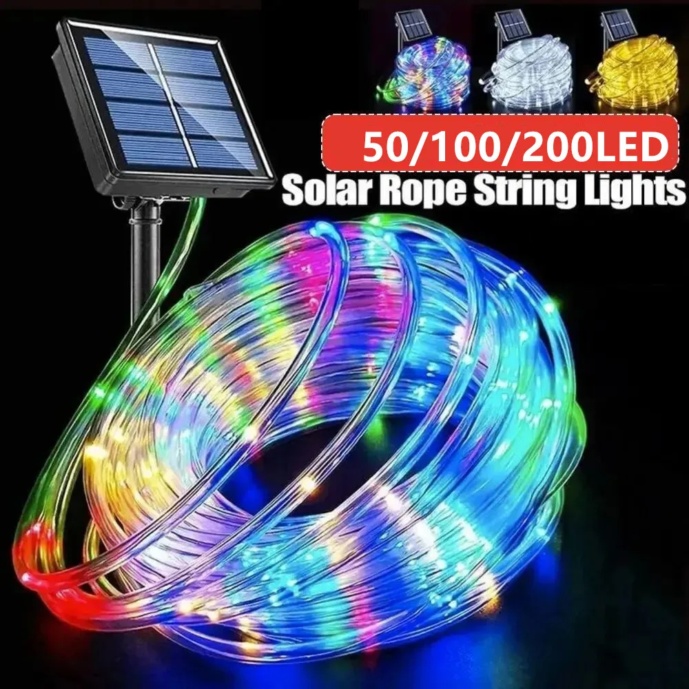 LED Solar String Lights Garden Waterproof Tube Rope Lamp Garland Fairy Lights for Outdoor Holiday Home Wedding Decoration