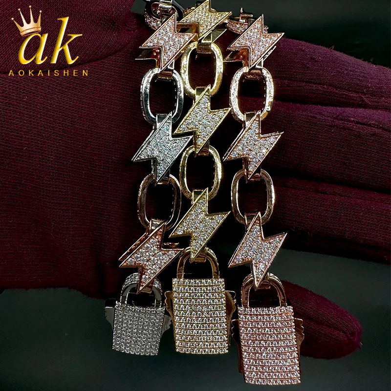 Aokaishen Lightning Bolt Bracelet for Men Iced Out Cuban Link Gold Plated Real Copper Prong Setting Hip Hop Jewelry