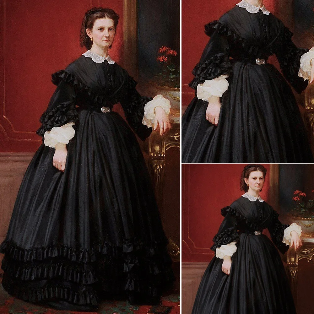 

Black 1850s Victorian Day Dress 18th Century Muslin Dress Civil War Southern Belle Princess Wedding Dress Evening Ball Gown