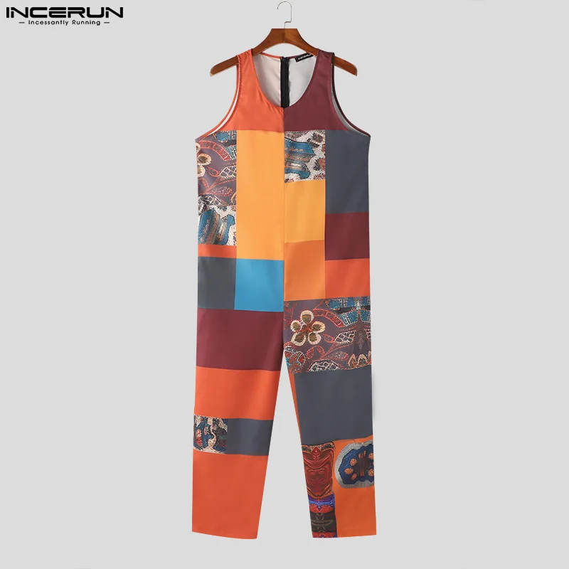 INCERUN Men Jumpsuits Ethnic Style Printing O-neck Sleeveless Casual Rompers Streetwear Summer Loose 2024 Vintage Male Overalls