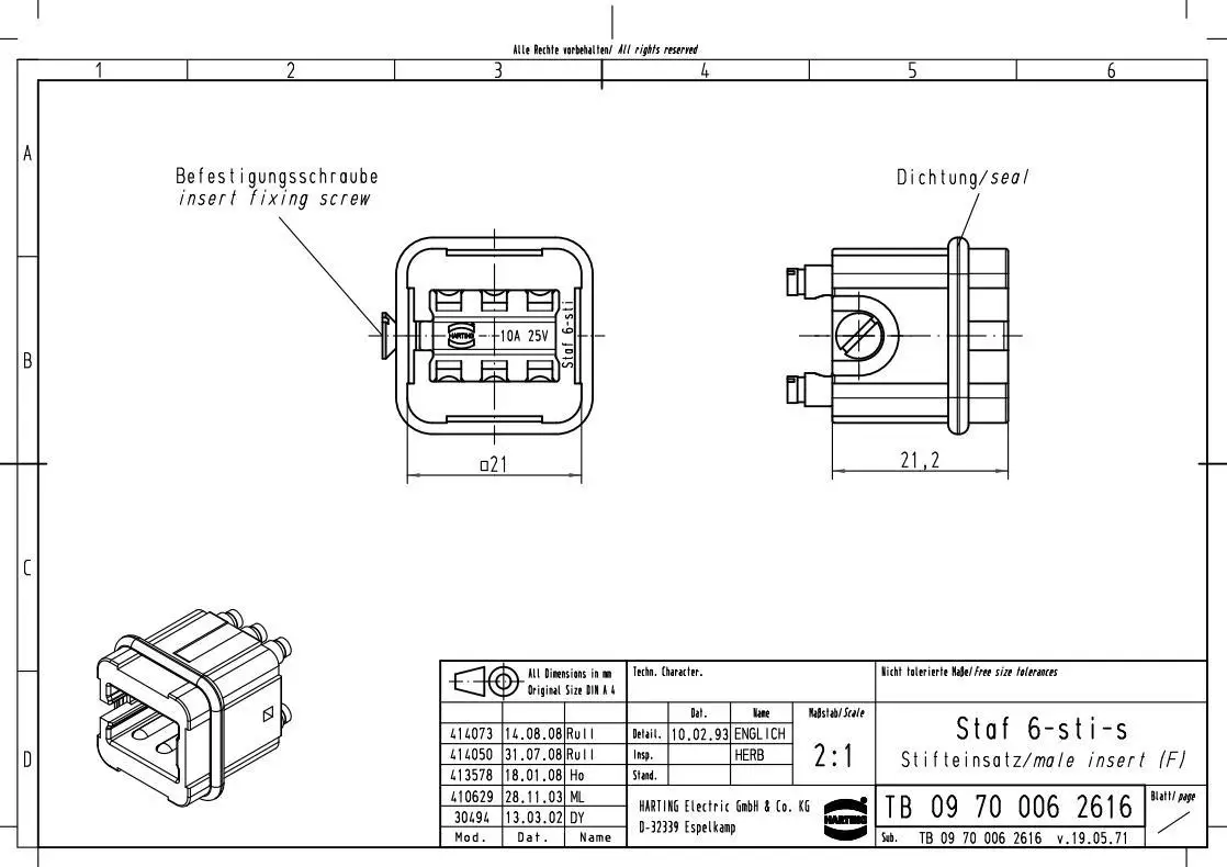09700062616 HARTING connector HAN Staf 6-M 10A/250V original stock