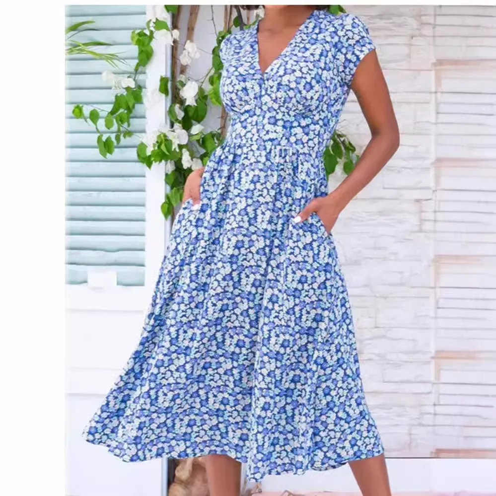 

Vestido Largo V-neck Short-sleeved Waist A-line Hem Commuter Dress Women's Summer 2026 Beach Pocket Daily Outdoor Elegant Dress