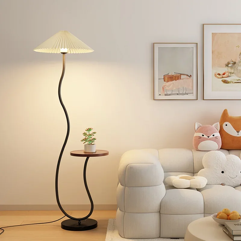 Home Decor Living Room Side Table for the Tea Table and Pleated Bedside Standing Light Cream Floor Lamp