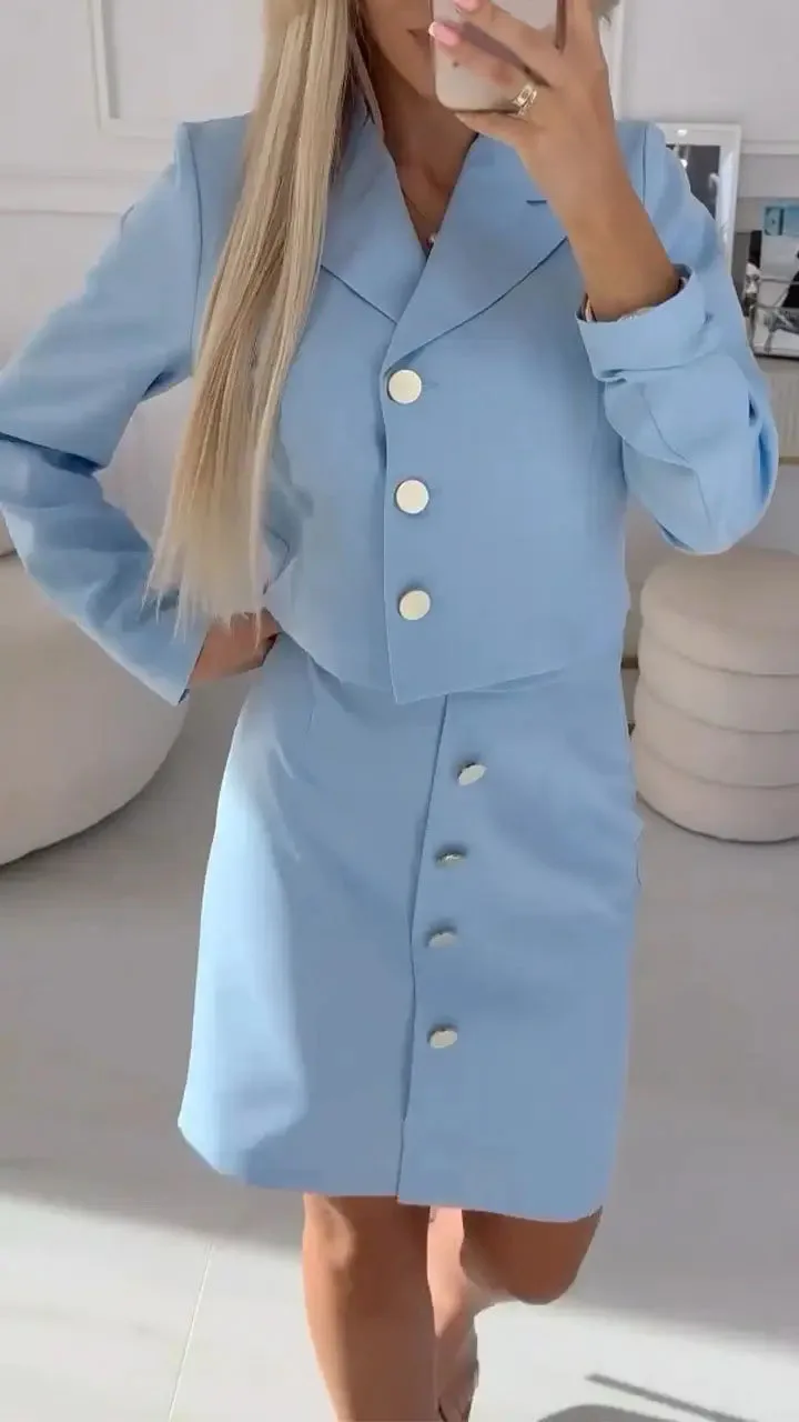 Blazer lengan panjang kancing kerah wanita kantor elegan Set dua potong komuter modis Set rok pensil Midi musim semi musim panas gaya baru