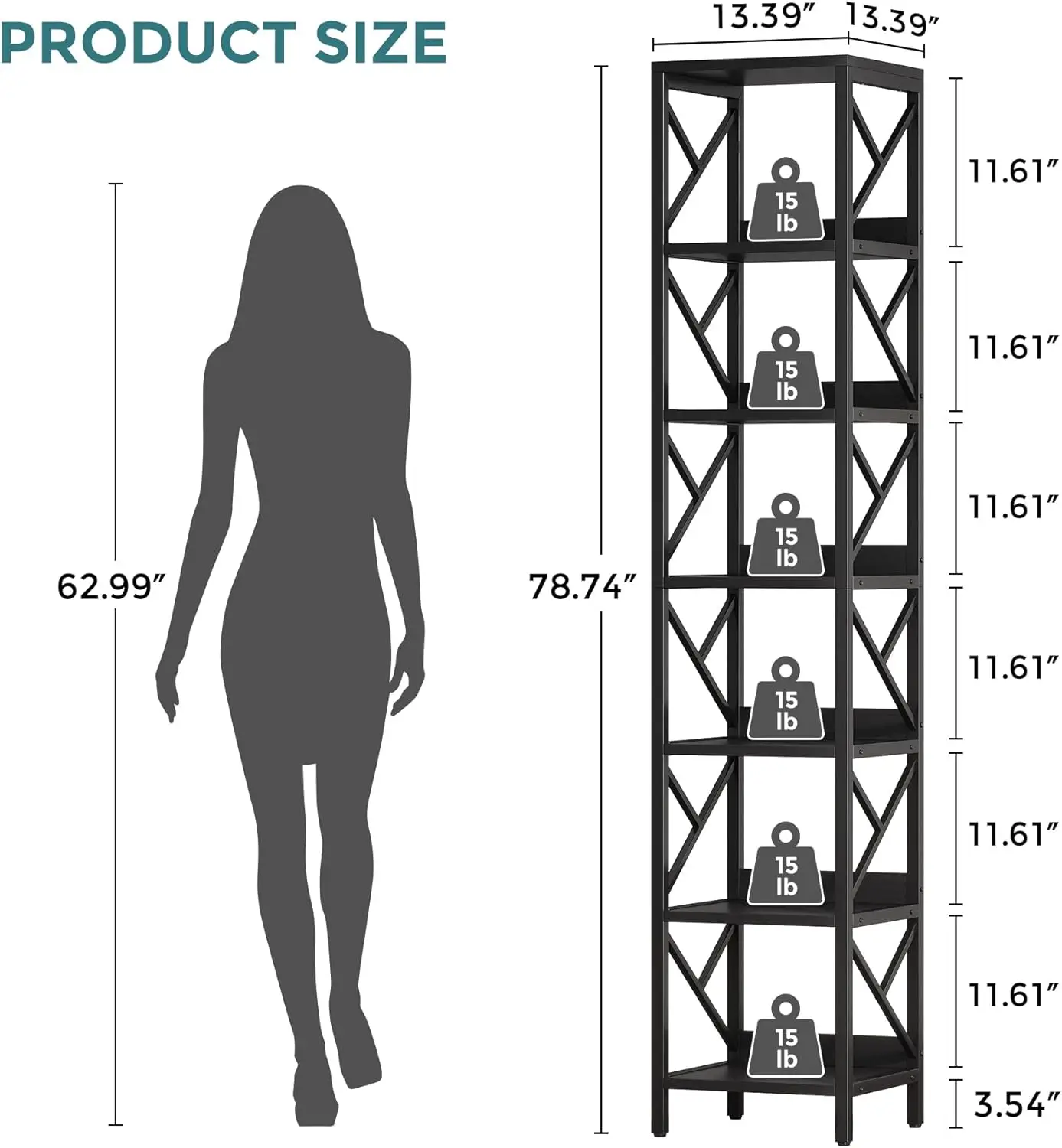 رف كتب ضيق بطول 78.7 بوصة، خزانة كتب ضيقة من 7 طبقات للمساحة الصغيرة، رف زاوية للعرض قائم بذاته، صناعة حديثة