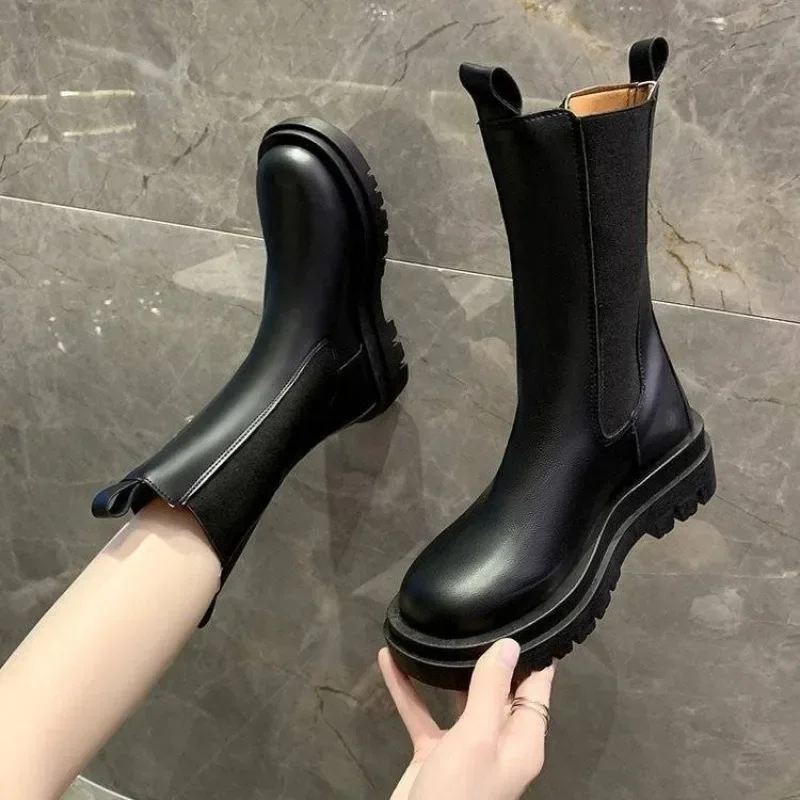 Half High Boots for Women Middle Heel Winter 2024 Mid Calf Shoes Woman Autumn Large Size Warm Novelty Fashion Waterproof Hot Pu