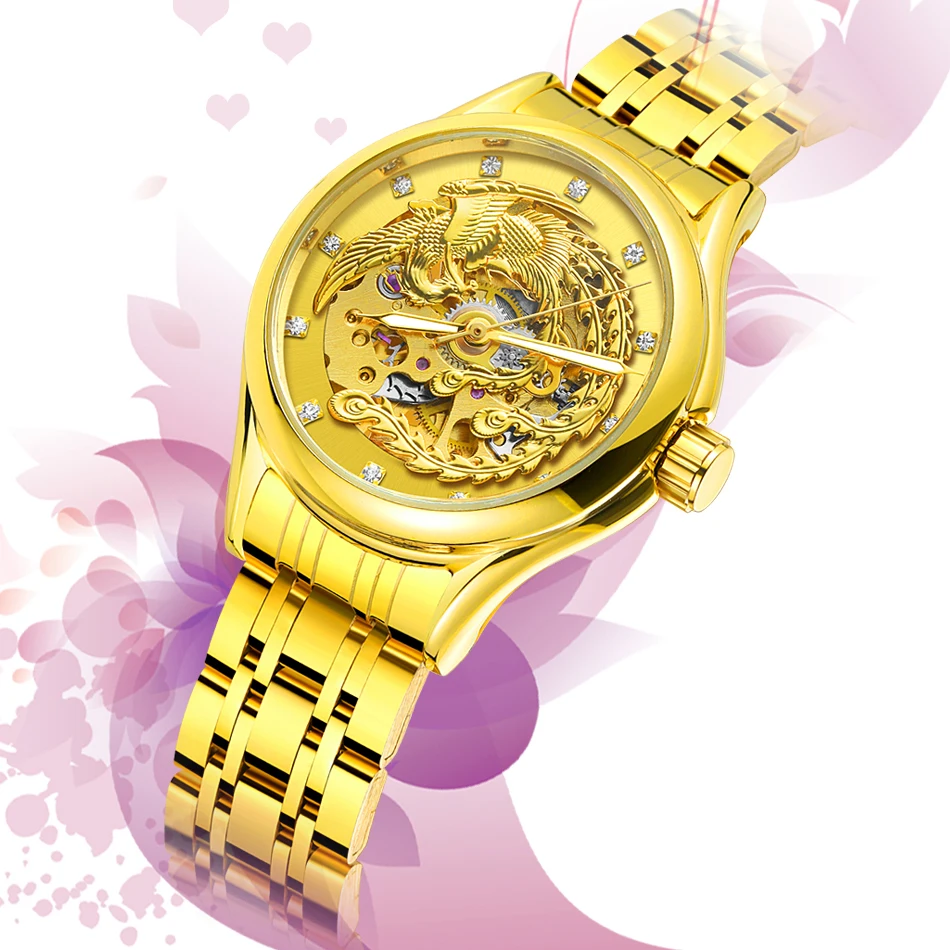 2024 Diamond Steel Skeleton Dial Golden Phoenix Women Fashion Automatic Watch Luxury Waterproof Mechanical Girl Wrist Lady Clock