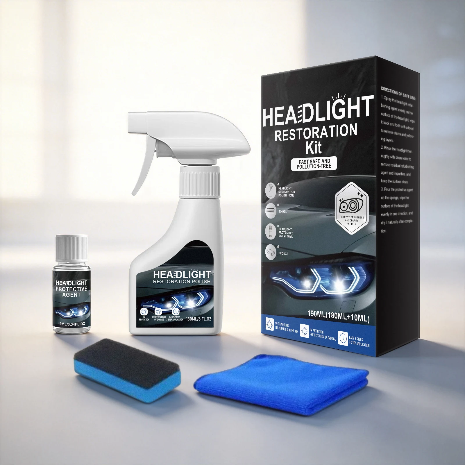 

Automotive Headlamp Restoration Fluid Kit Car Headlight Cleaner for All Vehicle Types for Oxidized and Yellowed Lenses