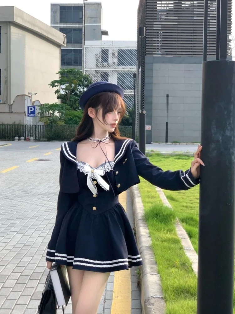 Japoński styl preppy Jk 2-częściowy zestaw damski Kawaii koronkowa kokarda sukienka na ramiączkach spaghetti krótka sukienka i krótki płaszcz damski koreańskie stroje Lolita