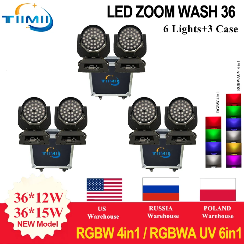 3Case 6 Pcs LED Wash Zoom Moving Head Light 36x18W RGBWA+UV 6IN1 with Lyre 36x12W Wedding DMX DJ Disco Party Bar Flightcase