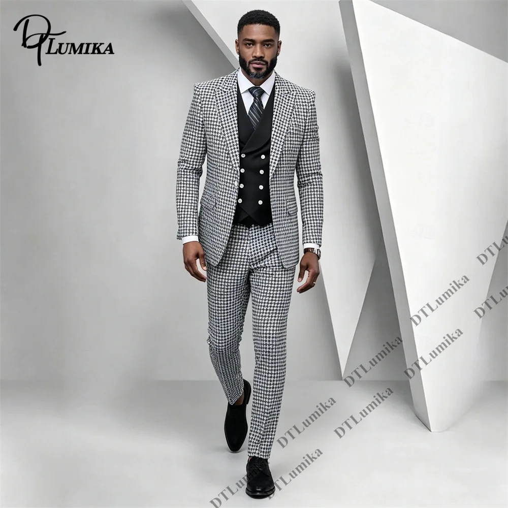 Classic Houndstooth Men 3 Piece Suit Checked Blazer Black Waistcoat Pants Business Interview Smart Casual Banquet Retro Suit Set